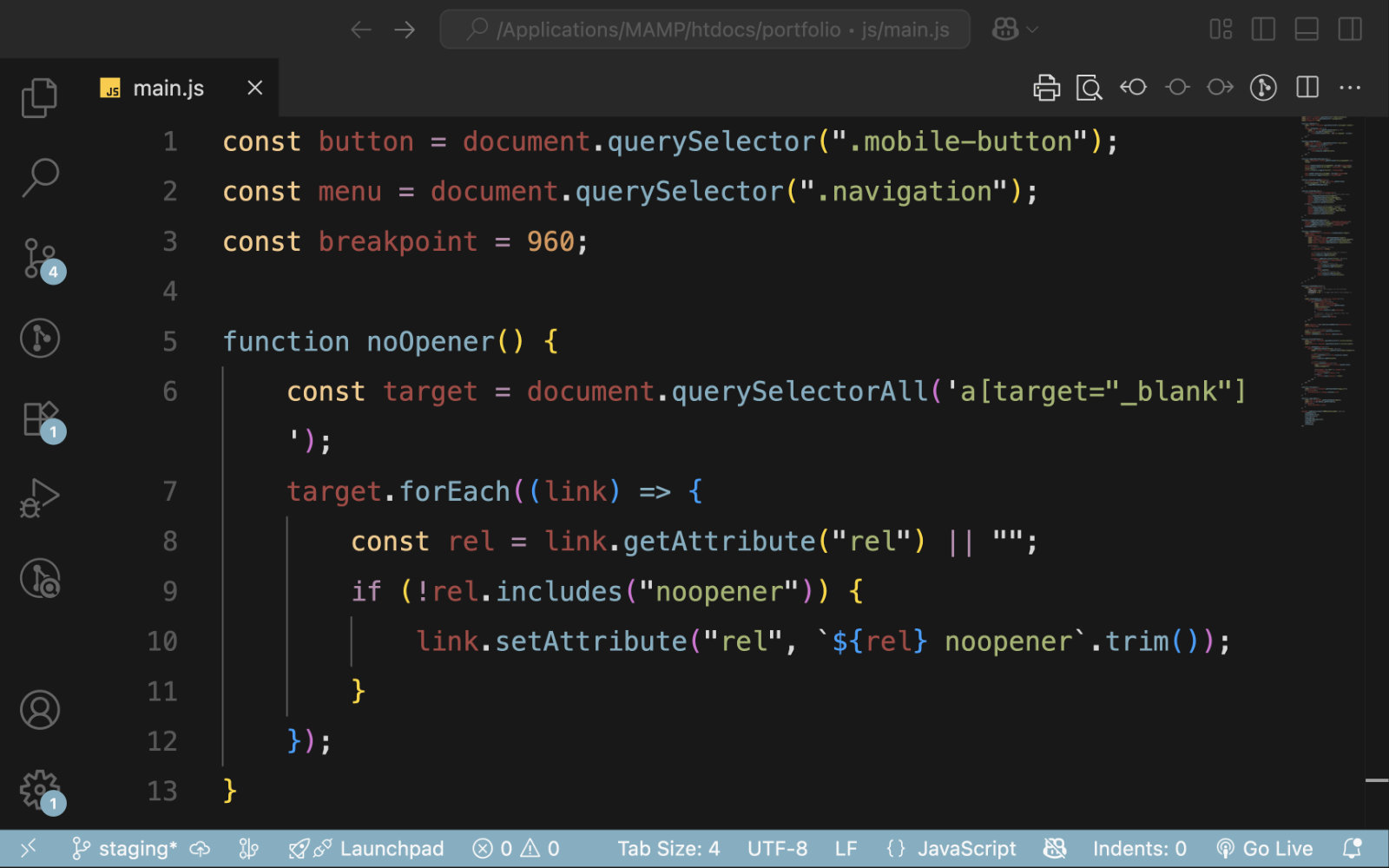 Screenshot of VS Code with JavaScript file.