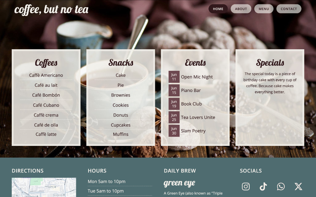 Screenshot of Coffee, but no Tea demo website