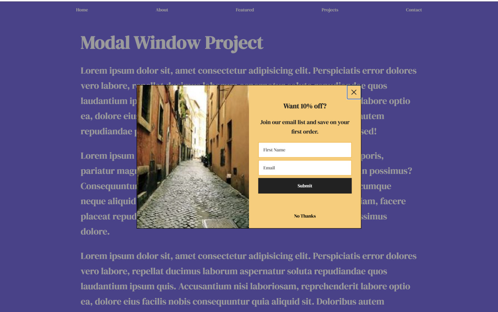Screenshot of modal window demo site